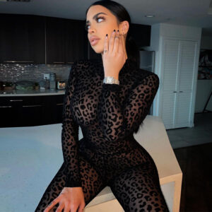 Leopard print sheer see-through women jumpsuit