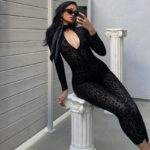 Leopard print sheer see-through women jumpsuit
